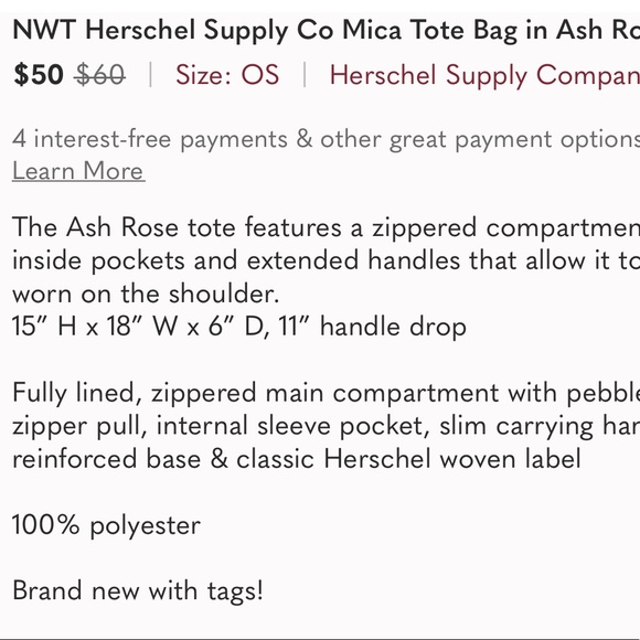 NWT Herschel Supply Co. Mica Tote Bag in Ash Rose One Size - Picture 8 of 12